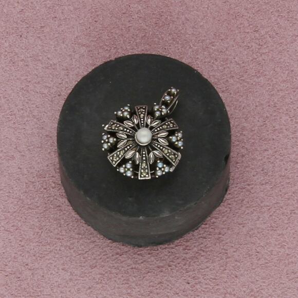 sterling silver vintage marcasite & seed pearl locket (opens) pendant